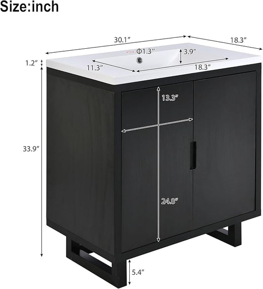 Favfurish 30" Bathroom Vanity with Resin Sink,Undermount Single Basin Bath Vanity Set w/2 Soft Closing Doors,Transitional Freestanding Storage Cabinet,Solid Wood Frame,Black