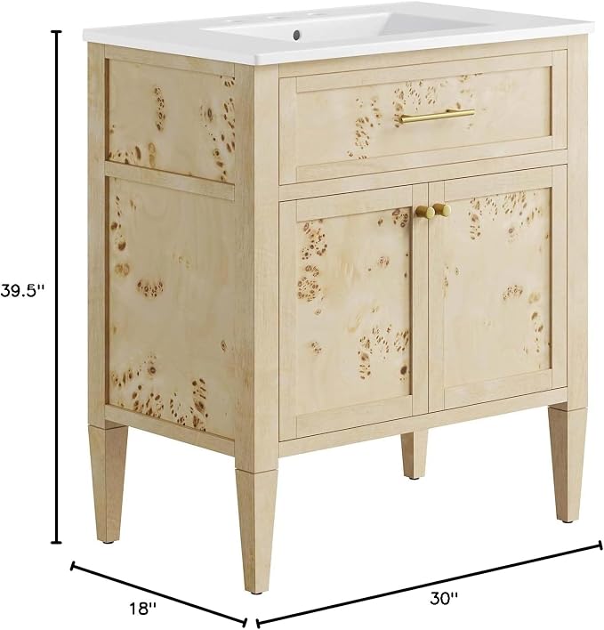 Modway Elysian 30" Wood Bathroom Vanity in White Burl with Ceramic Sink Basin