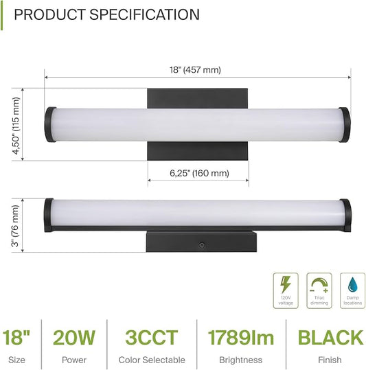 ASD 18" LED Linear Vanity Light Fixture, Modern Bathroom Sconce — 3 Color 3000K-5000K, Dimmable, 20W 1800LM, Energy Star & ETL Listed — Over Mirror Makeup Bar for Bedroom, Cabinets — Black, 4 Pack