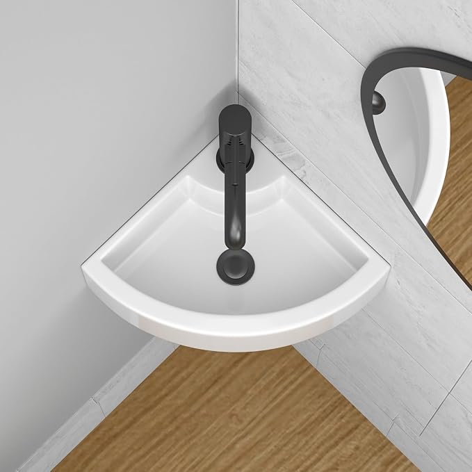 18"x 13" Wall Mount Corner Bathroom Sink White Porcelain Small Vessel Sink | Triangle Floating Wash Hand Basin Small White Porcelain Ceramic Floating Vessel Vanity Sink Wall Hung Bathroom Sink