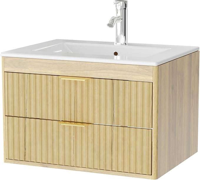 24 Inch Floating Bathroom Vanity with Sink, Bathroom Wall Cabinet with 2 Fluted Drawers & Metal Handle, Wall Mounted Cabinet for Bathrooms (Natual Yellow, 24 inch, with Sink)