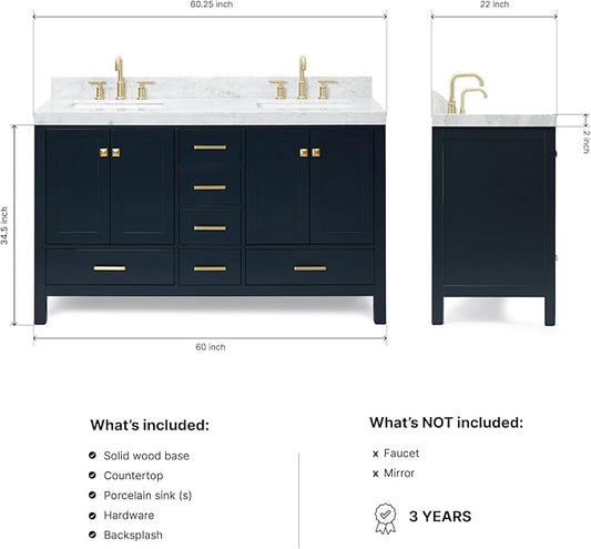 ARIEL Cambridge 60-inch Bathroom Vanity with Sink,Solid Wood, 2-inch Italian Carrara Marble Countertop, Double Rectangular Porcelain Sink, 4 Soft Closing Doors, 6 Dovetail Drawers, Midnight Blue