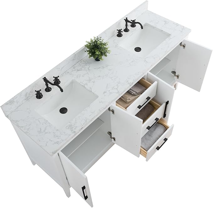 HomeBeyond 72 Inch Bathroom Vanity with Sink & Ceramic Top, Double Vanity Cabinet with Basin, Soft-Closing Doors & Matte Black Hardware, White