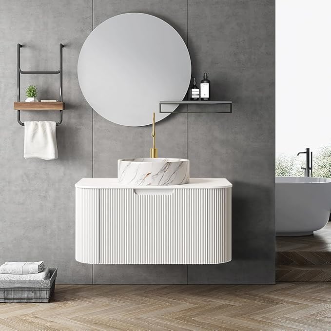LKTART 30 Inch Floating Bathroom Vanity with Sink, Modern Wall Mounted Bathroom Storage Cabinet with Drawer, Stone Pattern Round White Ceramic Sink Top and Marble Texture Top, White