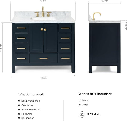 ARIEL Cambridge 42-inch Bathroom Vanity with Sink,Solid Wood, 1.5-inch Italian Carrara Marble Countertop, Single Rectangular Porcelain Sink, 2 Soft Closing Doors, 9 Dovetail Drawers, Midnight Blue