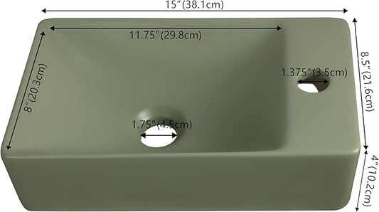 JONATHAN Y SNK1004F-R Felix 15 in. W x 8 in. D Modern Wall Mounted Rectangular Ceramic Mini Sink Basin, Right-Side Faucet, Matte Olive