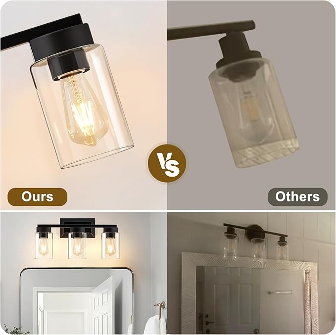 Bathroom Lights Over Mirror, 3 Light Bathroom Light Fixtures with Clear Glass Shade Modern Matte Black Vanity Lights Lighting for Bathroom, Mirror, Living Room, Bedroom, Hallway