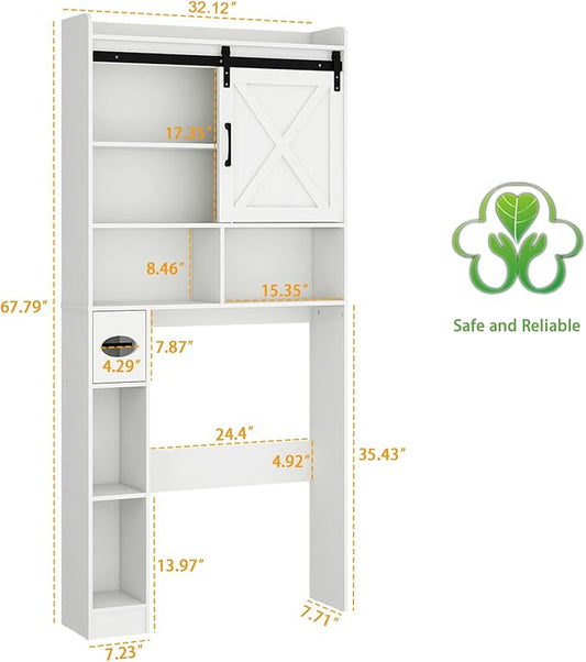 Vabches Over The Toilet Storage Cabinet, Farmhouse Storage Cabinet Over Toilet with Sliding Barn Door & Toilet Paper Holder Stand,Home Space-Saving Toilet Rack, for Bathroom, Restroom, Laundry