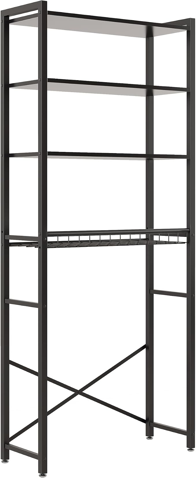 4-Tier Over-the-Toilet Storage Rack with One-Piece Wooden Shelves & Open Net Basket, Bathroom Organizer with Adjustable Feet & Anti-Tip Kit, Space-Saving Toilet Shelf, Black, 24.4" x 9.4" x 69.3"