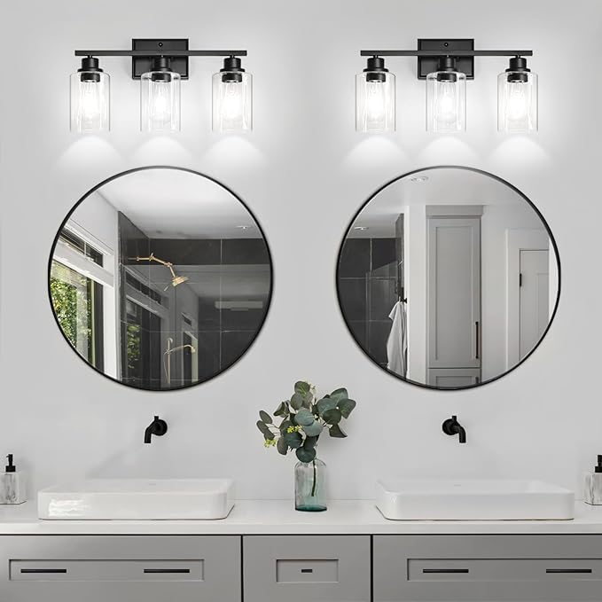 3 Light Bathroom Light Fixtures, Modern Vanity Lights Over Mirror, Black Wall Lamp with Clear Glass for Living Room Cabinet Bedroom Porch