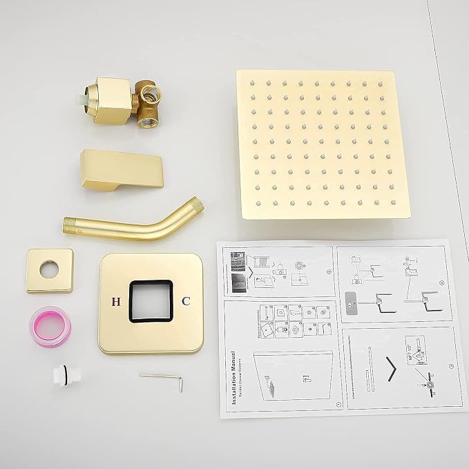 Brushed Gold Shower Faucet GGStudy Single Function Shower Trim Kit with Rough-in Valve Shower Set Bath Rainfall Shower Faucet System 8inch Square Stainless Steel Metal Shower Head