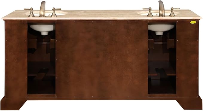 Silkroad Exclusive Hyp-0716-T-Uic-72 Travertine Stone Top Double Sink Bathroom Vanity with Bath Cabinet, 72", Medium Wood