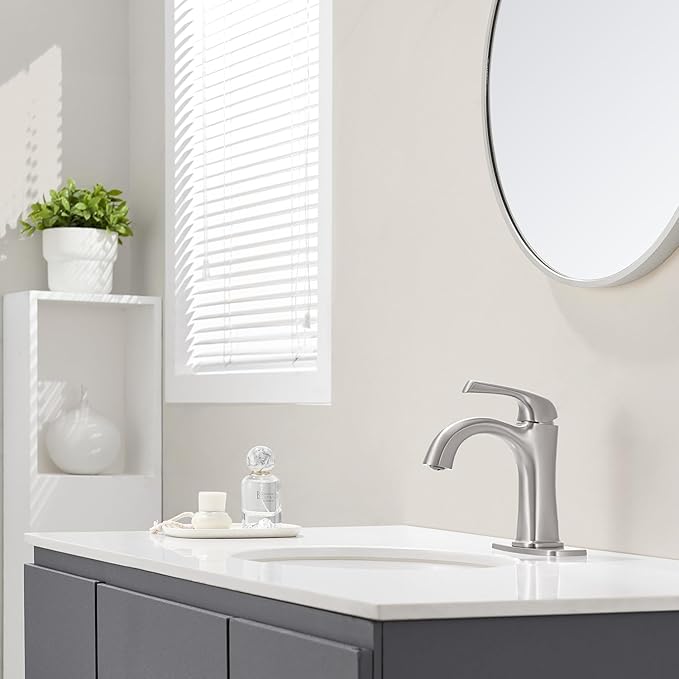 Brushed Nickel Single Hole Bathroom Faucet, Single Handle Brass Bathroom Sink Faucet, Lavatory Vanity Faucet for 1 or 3 Holes, Bathroom Faucets with Pop Up Drain and Supply Lines, Deck Plate
