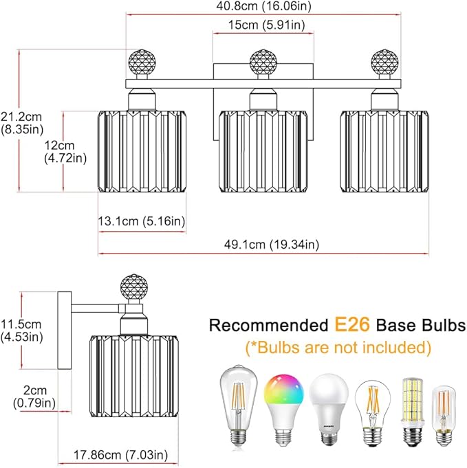 Modern Crystal Bathroom Vanity Light, 3-Lights Bathroom Light Fixtures, Chrome Vanity Light Fixtures over Mirror, Easy Installation & Dimmable Lighting, Crystal Wall Light Fixtures for Bathroom