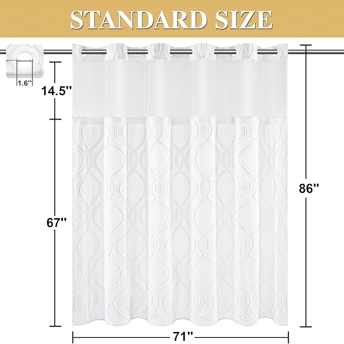 Yinhua No Hook Shower Curtain with Snap in Liner Set, 71" W×86" L, White | Hotel Style, See Through Top Window, Washable Waterproof, Tufted, Extra Long Hookless Curtain for Bathroom Bathtub