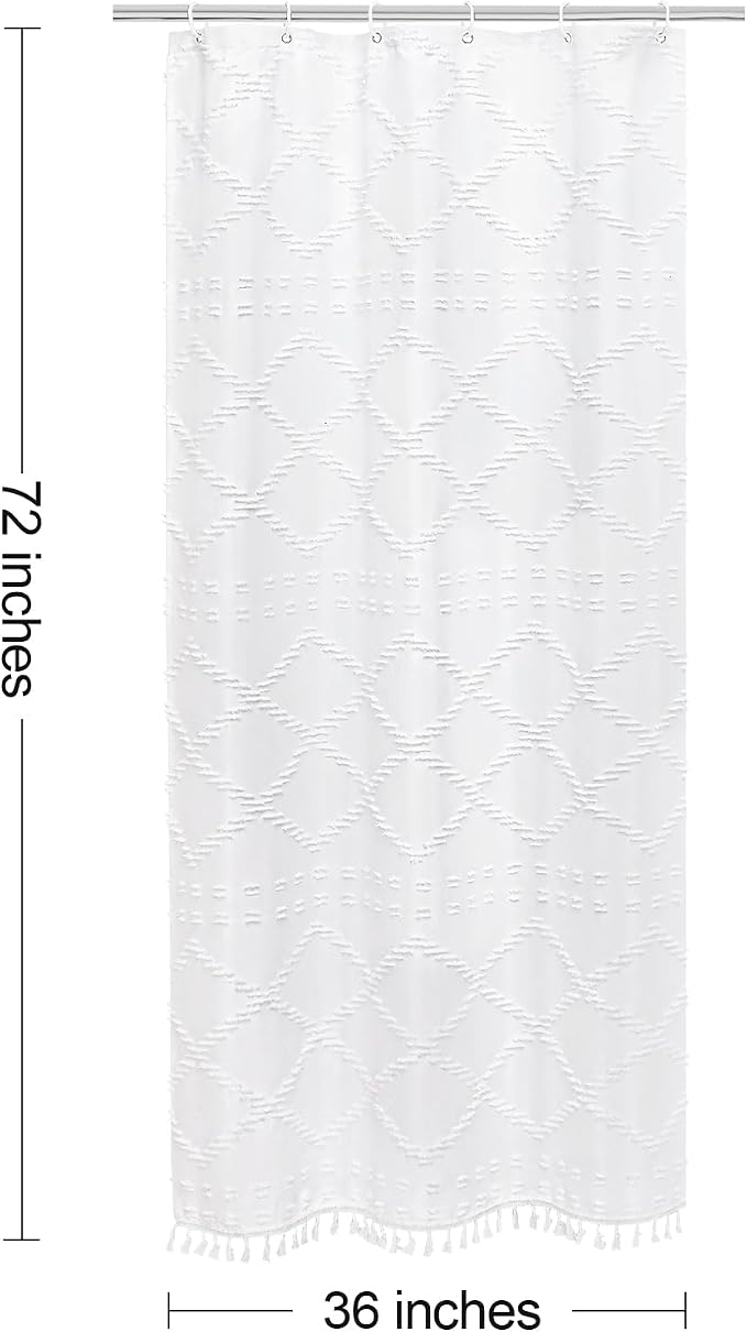 White Boho Woven Fabric Shower Curtain with Tassel 36x72, Tufted Textured | Modern Farmhouse Curtain for Bathroom, Stall Bathroom Curtain, Minimalist Decor, Waterproof