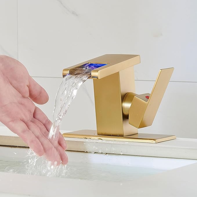 LED Bathroom Sink Faucet, Brushed Gold Waterfall Single Hole Handle Vanity Faucets for Sinks 1 Hole with Metal Pop Up Drain and 2 Water Supply Lines, Side Handle