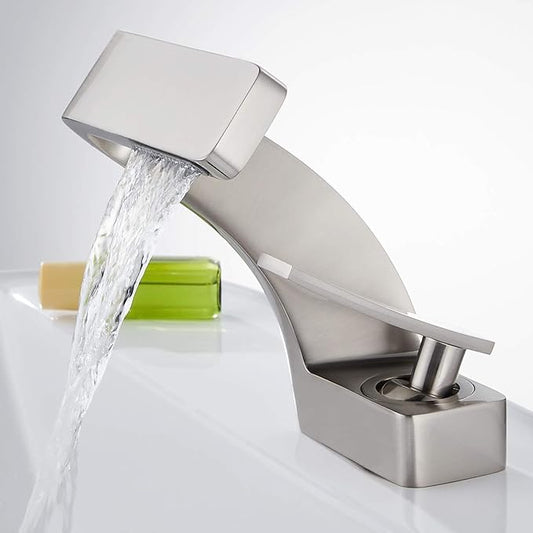 becola Bathroom Sink Waterfall Faucet,Solid Brass Single Handle Hot and Cold Water Mixer Tap, Lavatory Vanity Sink Faucet Including Two US Standard 3/8" Hoses(Brushed Nickel)