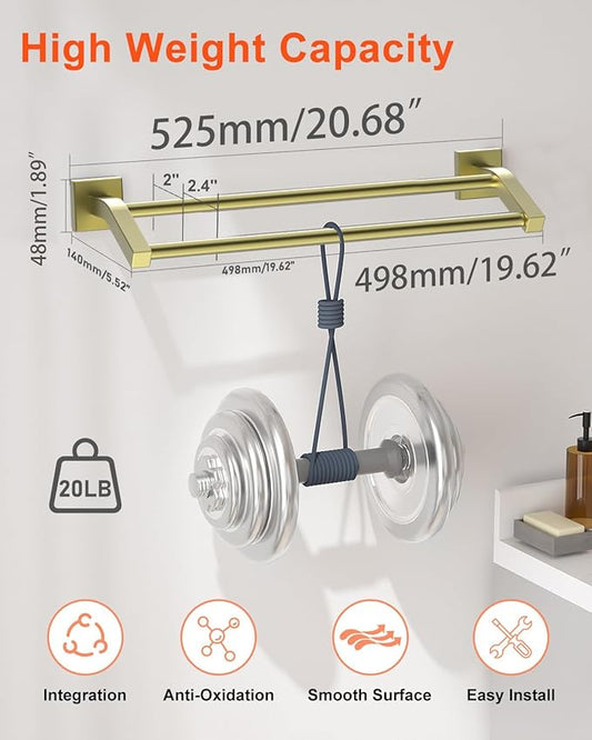 Alise Double Towel Bar, 20" Towel Racks for Bathroom Wall Mounted, Gold | SUS304 Stainless Steel Bathroom Towel Holder, Quick Drying Towel Hanger Towel Rod