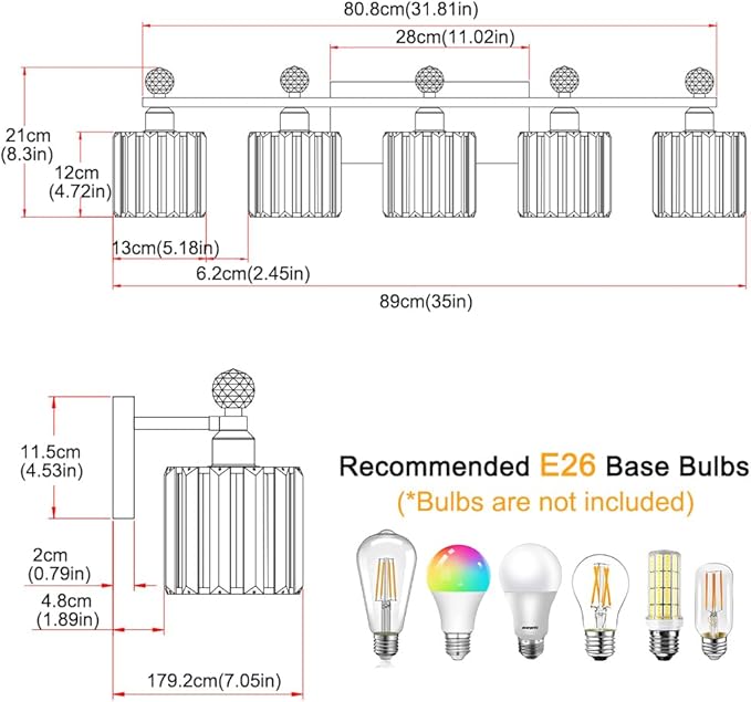 5 Light Black and Gold Vanity Light, Modern Crystal Bathroom Vanity Lighting Fixtures, Bath Wall Mount Lights with Clear Crystal Glass Shade, Wall Sconce Light for Mirror Bedroom Living Room, E26 Base