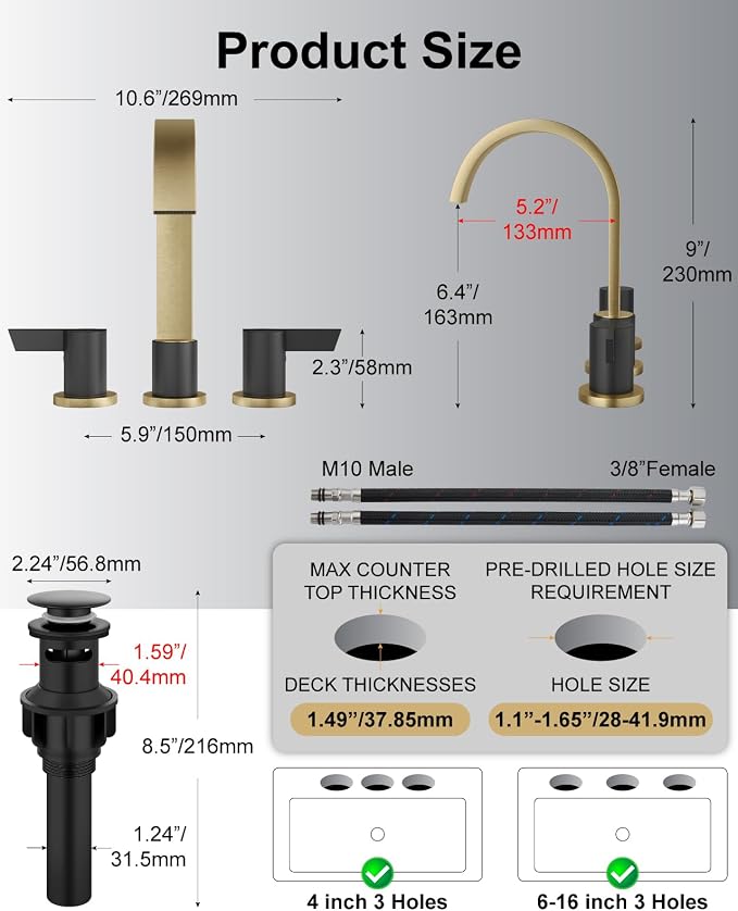 Gold and Black 3 Hole Bathroom Faucet,8" Widespread Vanity Faucet | 2 Handle Waterfall Bathroom Sink Faucet with Pop-Up Drain,Supply Lines,360° Swivel Spout,Lead-Free Stainless Steel,Deck Mount