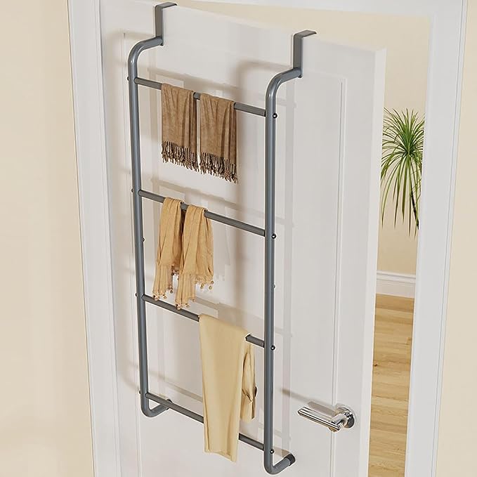Over The Door Bathroom Hanging Organizer Shelf, Towel Rack for Bathroom, 4 Tier Towel Hanger for Glass Shower Wall or Shower Door (Frameless or Frame to 2") Stylish,Gray