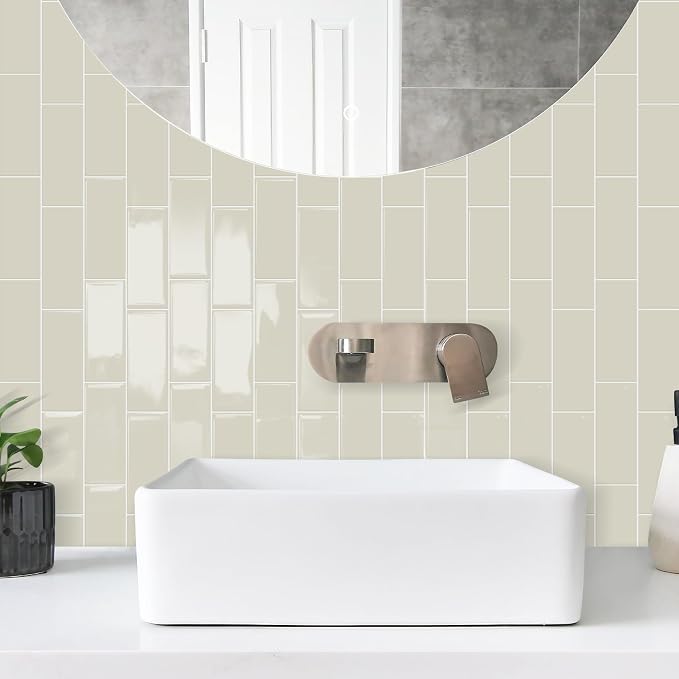 STICKGOO 10-Sheet Subway Peel and Stick Backsplash Tiles Putty Beige | Waterproof 3D PVC wall tiles with strong adhesive, extra thick for kitchen backsplash and bathroom walls