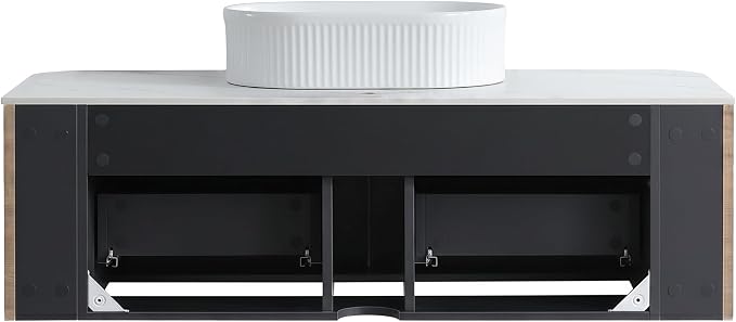 48" Floating Bathroom Vanity with White Sink, Honey Oak | Pre-Assembled Fluted Wall Mounted Vanity with Ceramic Vessel Sink, Rounded Edges, Soft-Close Drawer & Towel Rack