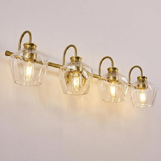 Brushed Gold Vanity Light, 4 Light Bathroom Light Fixtures with Clear Diamond-Shape Hammered Glass, Brass Vintage Ripple Wall Lights for Hallway, Bedroom, Anti-Rust, E26 Base (No Bulbs)