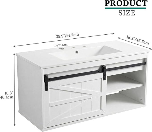 DWVO 36" LED Bathroom Vanity with Sink, Farmhouse Sliding Barn Door Bathroom Cabinet, Bathroom Vanities, Wall Mounted Floating Cabinet