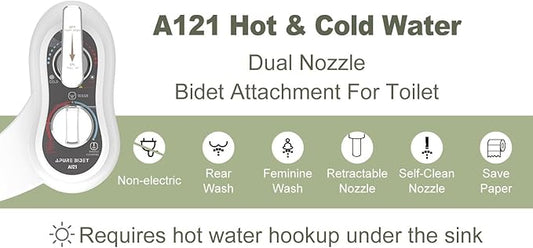 APURE BIDET A121 - Hot and Cold Water Bidet Attachment for Toilet Seat - Dual nozzle - Rear and Feminine Wash- Selfcleaning- Adjustable Water Pressure Non-Electric Bidet Toilet Seat Attachment