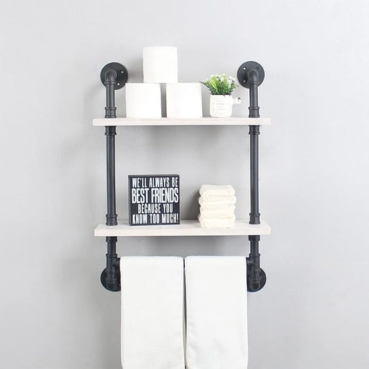 Bathroom Shelves,19.6in Rustic Wood Shelf with Towel Bar,2 Tier Farmhouse Towel Rack Over Toilet,Pipe Shelving Floating Shelves Towel Holder,Black & White
