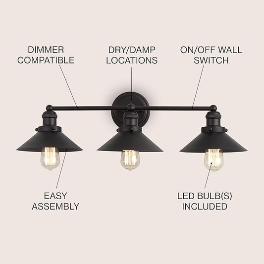 JONATHAN Y 26.5" Oil Rubbed Bronze 3-Light Industrial Farmhouse Metal Vanity Light Wall Sconce, Metal Shade for Bathroom Mirror, Kitchen, Entryway, LED Bulb Included (JYL7428A)