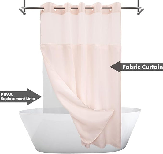 River Dream No Hook Shower Curtain with Snap-in Liner Set, Pink, 71x74 | Snap on/off Waterproof PEVA Liner, See Through Top Window, Slub Textured, Hotel Style Shower Curtain Set, Standard Size