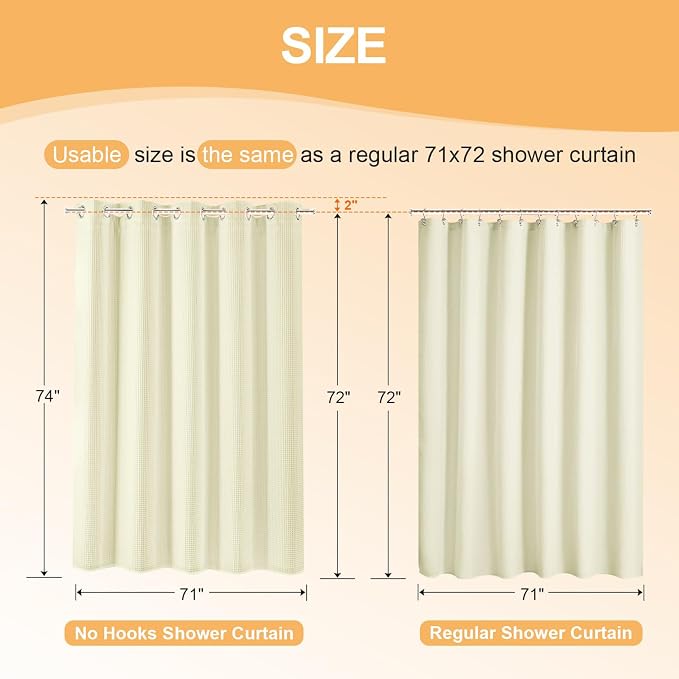 River Dream Cotton Blend No Hook Shower Curtain with Liner, Cream, 71x74 | with Snap in Liner, Heavyweight Waffle Fabric, Hotel Grade for Bathroom, Water Repellent, Corner Magnets, Machine Washable
