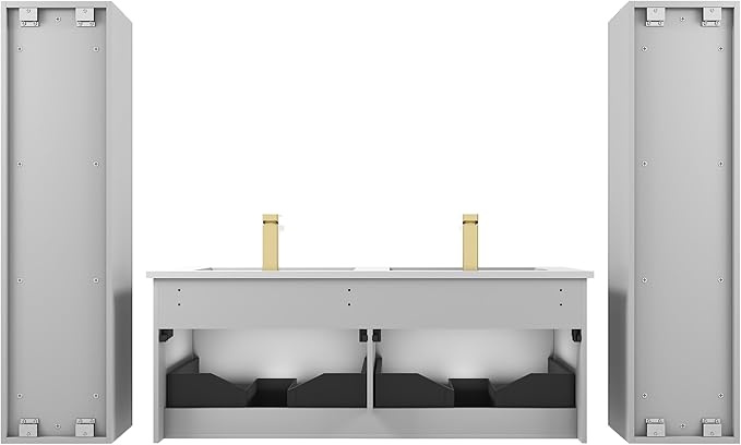 Blossom 48 Inch Double Sink Bathroom Vanity with Side Cabinets and Mirrors, All Wood Wall Mounted Floating Bathroom Vanity Cabinet with Acrylic Sink, Soft-Close Drawers, Bathroom Vanities, Light Grey