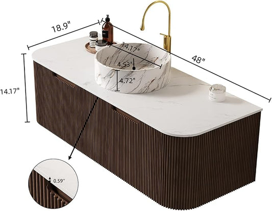 Yayzy 48” Floating Vanity with Sink, Solid Wood Fluted Cabinet, Faux Marble Top, White Ceramic Basin, Soft-Close Drawer, Pre-Assembled, Walnut Woodgrain