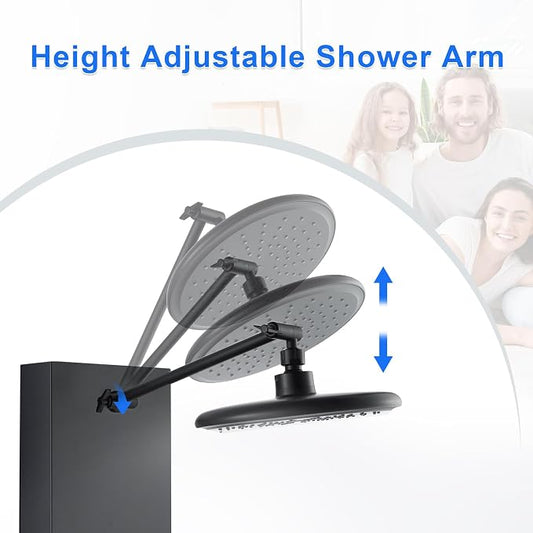 PF Shower Panel Tower Adjustable Shower Arm Height Rainfall Head System | Stainless Steel Shower Panel with Shelf and 6 Body Massage Jets Bathroom Black Shower Column Panels 5-Mode Handheld Shower