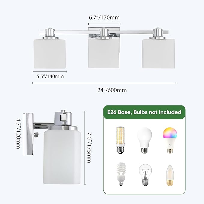 24 Inch Chrome Bathroom Light Fixtures Over Mirror 3 Light Bathroom Vanity Light Silver Modern Industrial Makeup Lighting Wall Sconce Shower Farmhouse Rustic Milk Glass Lamp Above Desk Sink