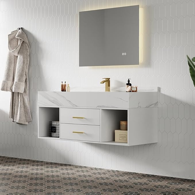 KunMai 35.4" White Floating Bathroom Vanity with Sink – Modern Wall Mounted Bathroom Cabinet with Sintered Stone Countertop, Soft-Close Drawers, Space-Saving Vanity for Small Bathrooms