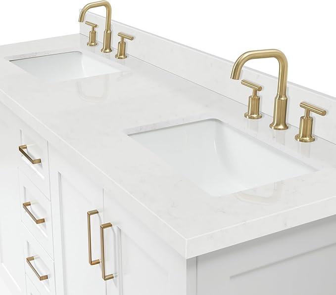 DKB Emilia 72 Inch Bathroom Vanity Double Sink — White Bathroom Vanity with Sink, 1.5" Edge Carrara White Quartz Countertop & Backsplash, 4 Soft-Close Doors, and 6 Dovetail Drawers