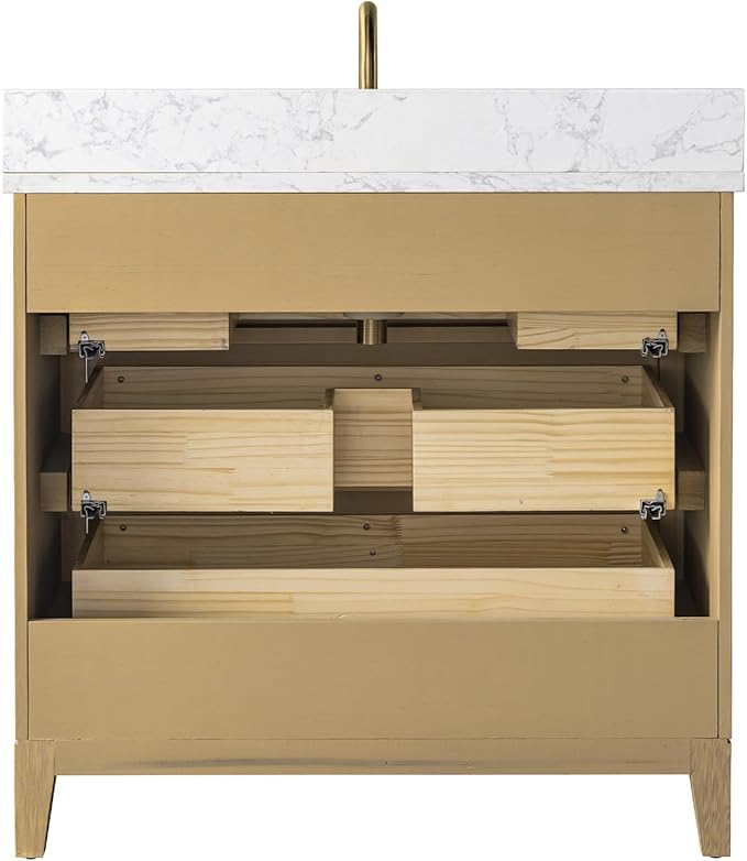 Vanity Art 36" Bathroom Vanity with Single Sink & Arabescato White Engineered Stone Top, Vanity Cabinet with Soft Closing Door, Solid Wood Frame, Golden Brushed Handles, Natural Oak VA8136-NO-GB