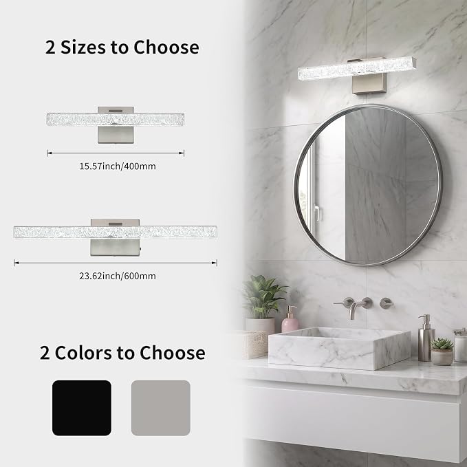 16 Inch Brushed Nickel LED Bathroom Vanity Light Fixtures, Iceberg Crushed Acrylic Modern Wall Sconce Lighting Over Mirror, 5500K Cool White Linear Vanity Lamp for Mirror Cabinet Powder Room