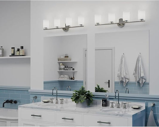 Progress Lighting Replay Collection 4 Light Bathroom Vanity Light, Modern Bath Lighting Fixture with Etched White Glass Shades for Over The Mirror, Reversible Mounting, Polished Nickel