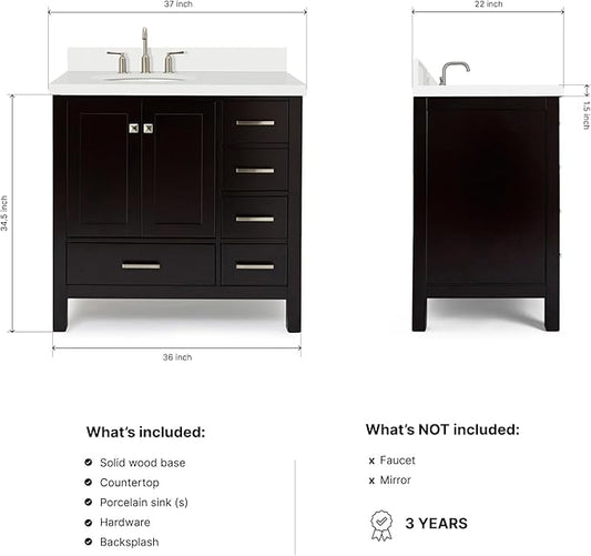 ARIEL Cambridge 36-inch Bathroom Vanity with Sink,Solid Wood, 1.5-inch Pure White Quartz Countertop & Backsplash, Single Oval Porcelain Sink, 2 Soft Closing Doors, 5 Dovetail Drawers, Espresso
