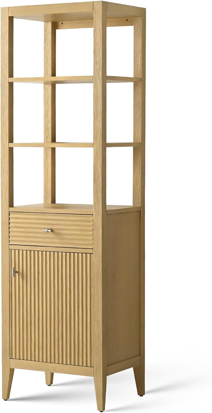 HOMEBEYOND Bathroom Vanity with Storage Cabinet & Shelves, Free-Standing Vanity with Soft-Closing Doors, Golden Brushed Handware, Natural Oak