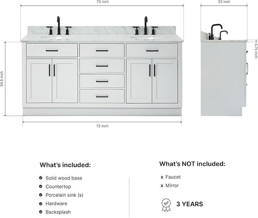 ARIEL Hepburn 72-inch Bathroom Vanity with Sink,Solid Wood, 0.75-inch Italian Carrara Marble Countertop & Backsplash, Double Oval Porcelain Sink, 4 Soft Closing Doors, 6 Dovetail Drawers, Grey
