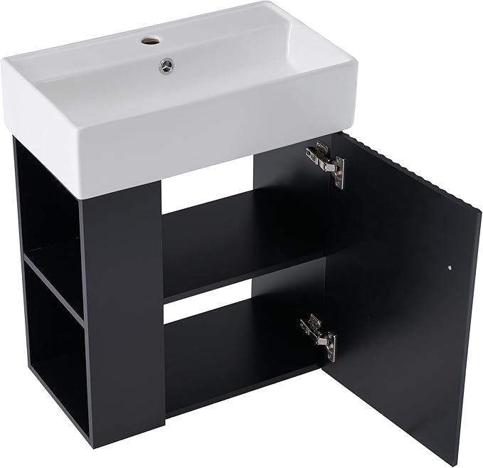 LUMISOL 21.6" Floating Bathroom Vanity with Sink, Wall Mounted Bathroom Vanity with Left Side Storage & Soft-Close Door, Small Bathroom Cabinet with Ceramic Sink, Black