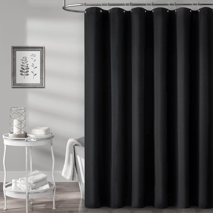 Extra Long Linen Textured Waterproof Shower Curtain Set, 72x96, Black | Extra Tall Size, 230GSM Polyester, Heavy Duty Cloth, Weighted Hem, 12 Plastic Hooks, Modern Hotel Style, Machine Washable
