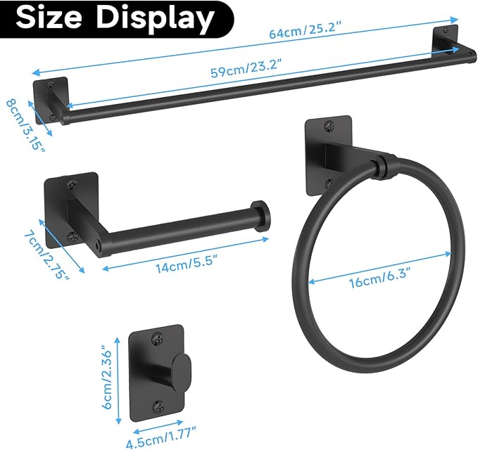 KLJKPA 8-Piece Black Bathroom Hardware Set, 24 inch Towel Bar | Towel Racks for Bathroom Accessories Set, Robe Towel Hooks, Toilet Paper Holder Wall Mounted